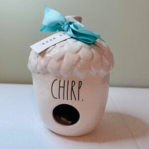 Rae Dunn Artisan Acorn Chirp Birdhouse Ceramic With Blue Bow 7 inches Tall